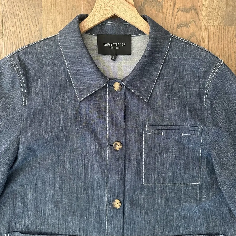 Layfayette 148 New York Esmerelda Cotton Chambray Chore Jacket Blue White Large - Image 3
