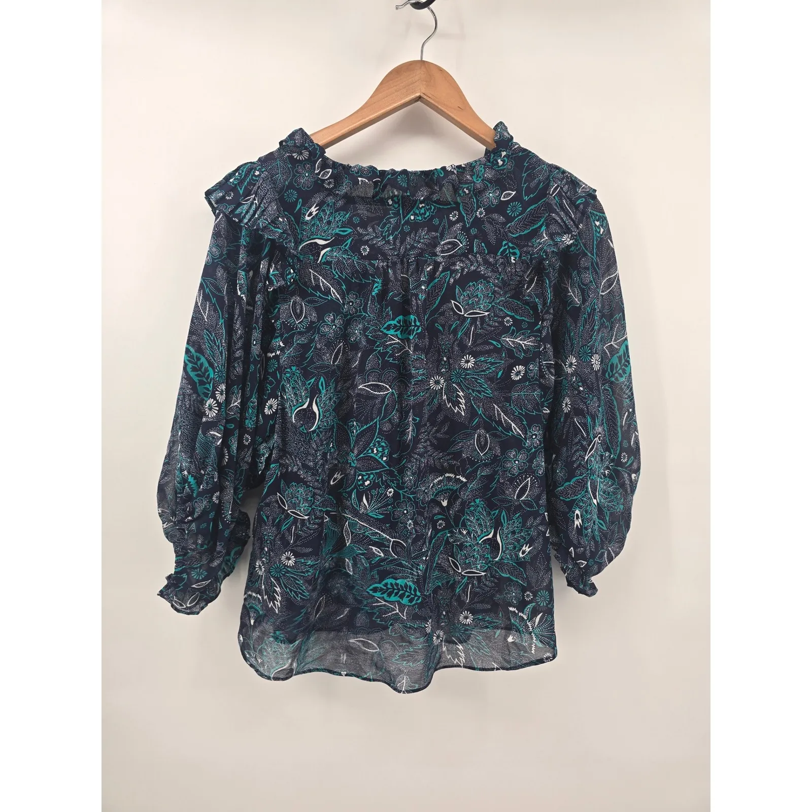 Anthropologie Womens XS Floral Print Ruffle Neck Lace Up Blouse Long Sleeve Blue - Image 4