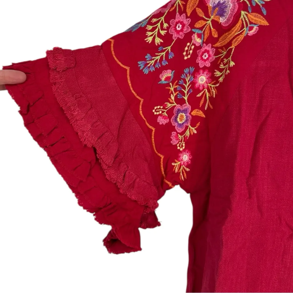 Umgee Linen Blend Top with Embroidery Bell Sleeve in Scarlet size Medium Boho - Image 5