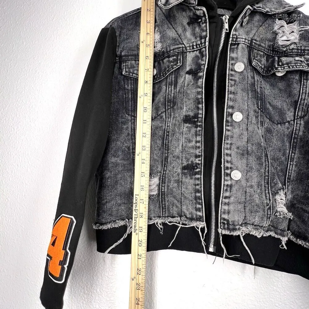 Thrill Jeans Black Wash Denim Hoodie Jacket Sz M Distressed Destroyed Shacket Size M - Image 4