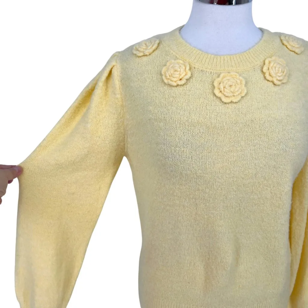 Joie Floral Embellished Puff Sleeve Crewneck Sweater Yellow Size Small - Image 3