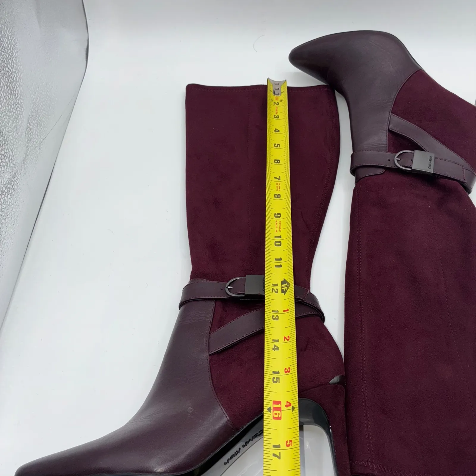 Calvin Klein Jemamine Wide Calf Tall Boots Burgundy Suede Leather Heel Size 6.5 - Image 13