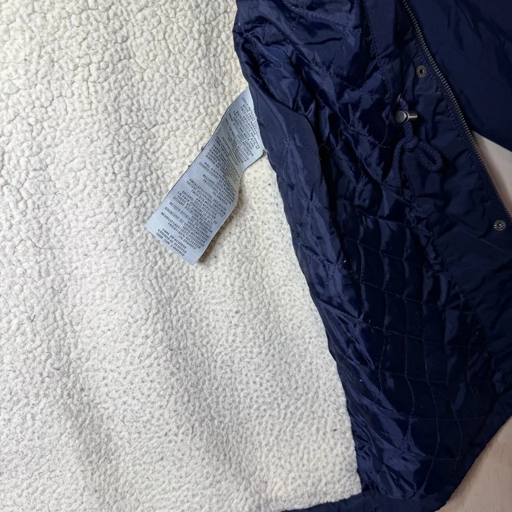 Levis Women’s Mid Length Parka Jacket With A Faux Fur Lined Hood & Sherpa Lining Blue Size M - Image 9