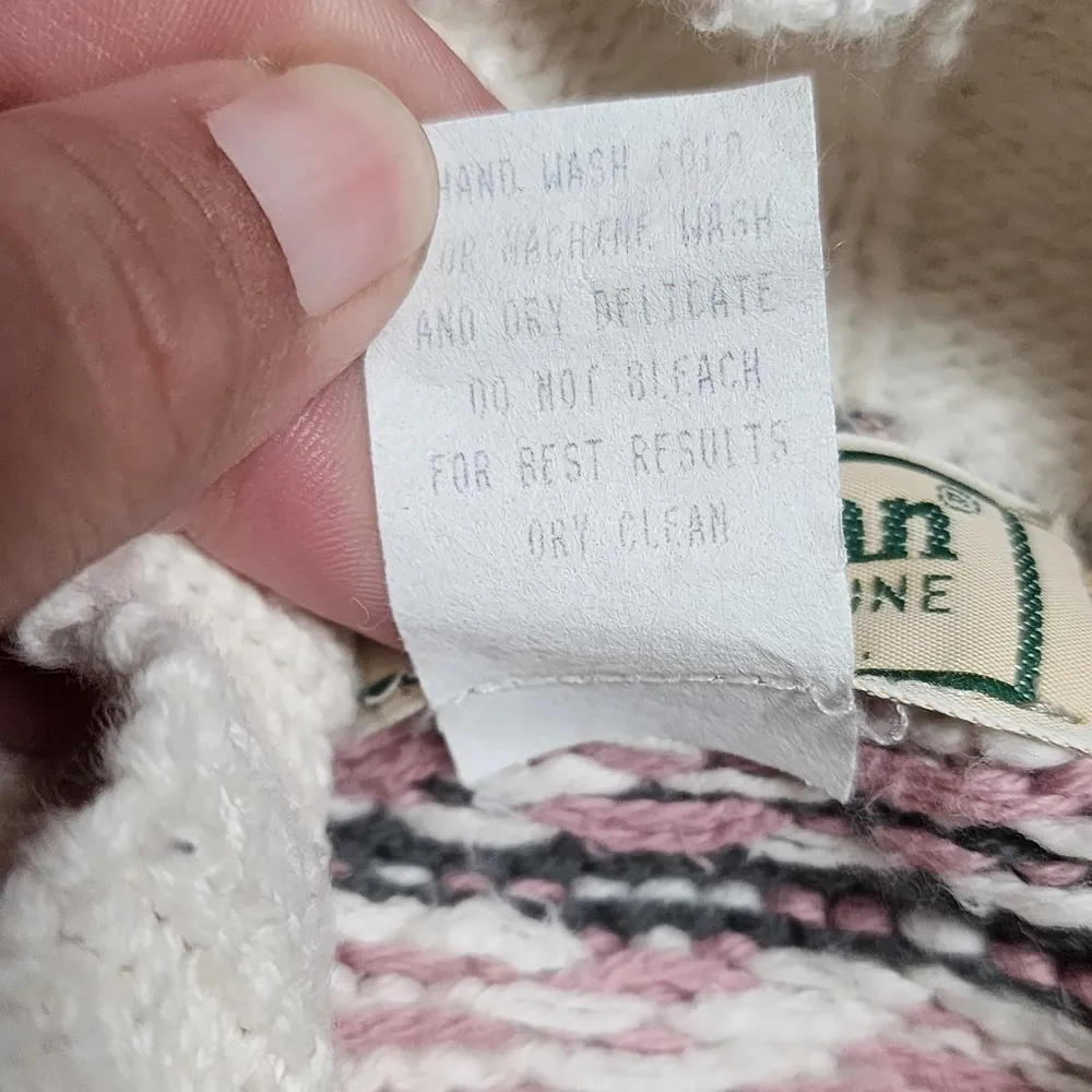 Vintage L.L. Bean Olive & Pink Fair Isle Mockneck Cotton Sweater Size Small - Image 6