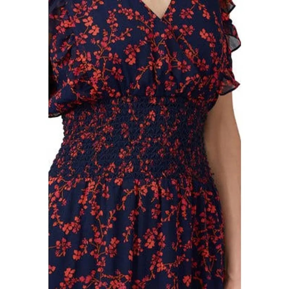 Slate & Willow Navy Smocked Waist Red Orange Printed Florals Dress Size XS - Image 3