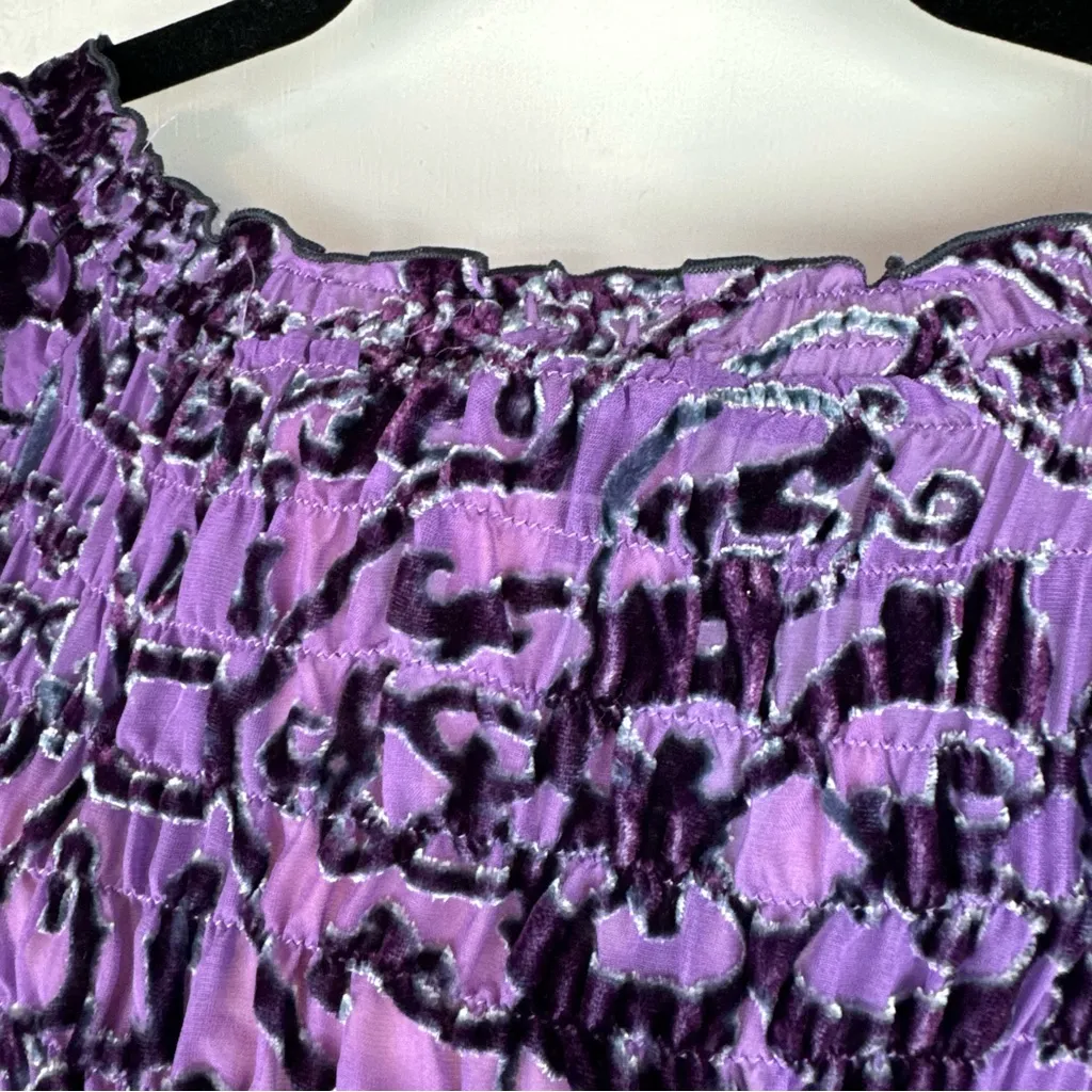 Hale Bob Velvet Burnout Top Sz XS Long Sleeve Ruched Purple Black Floral - Image 15