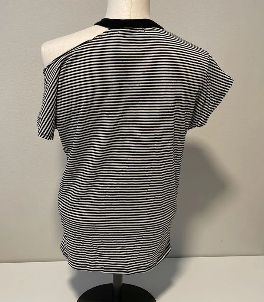 NWT Philanthropy black/ white striped one shoulder knit top sz XS Black - Image 2