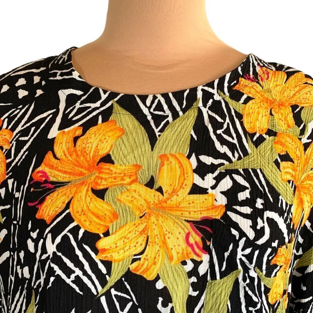 Vintage 90s Shirt Tropical Abstract Dark Floral Detail Black Orange Crinkle Size M - Image 4