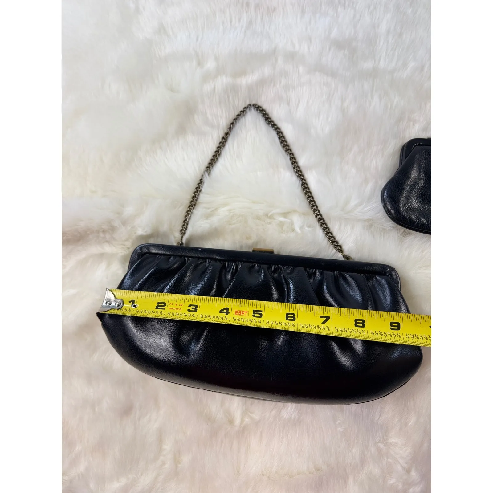 Black Leather vtg Clutch Handbag with Matching Coin Purse Chain Strap Evening - Image 9