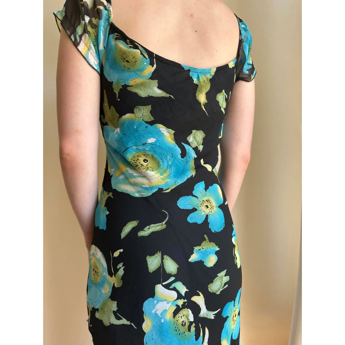 Gorgeous Vintage Blue and Black Floral Sparkly Milkmaid Dress Size M - Image 5