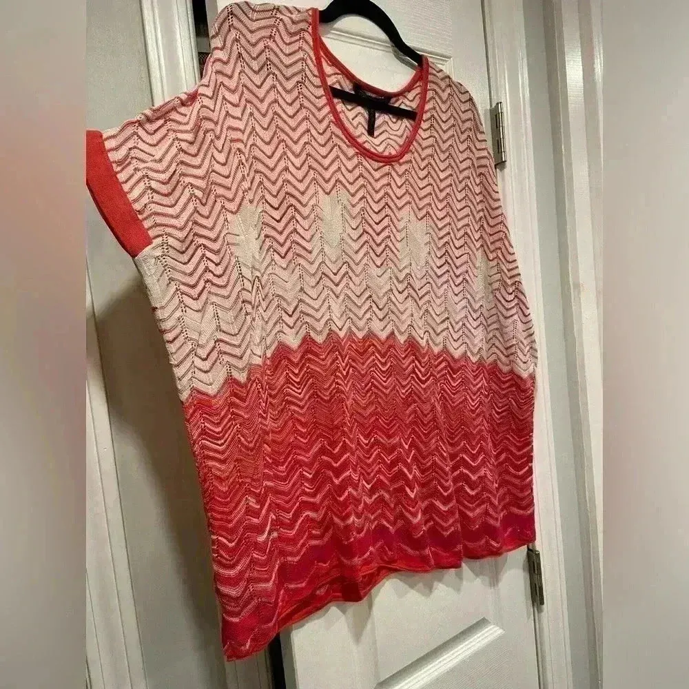 BCBGmaxazria Pink White Short Sleeve Oversized Silk Blend Loose Knit Chevron OS - Image 12