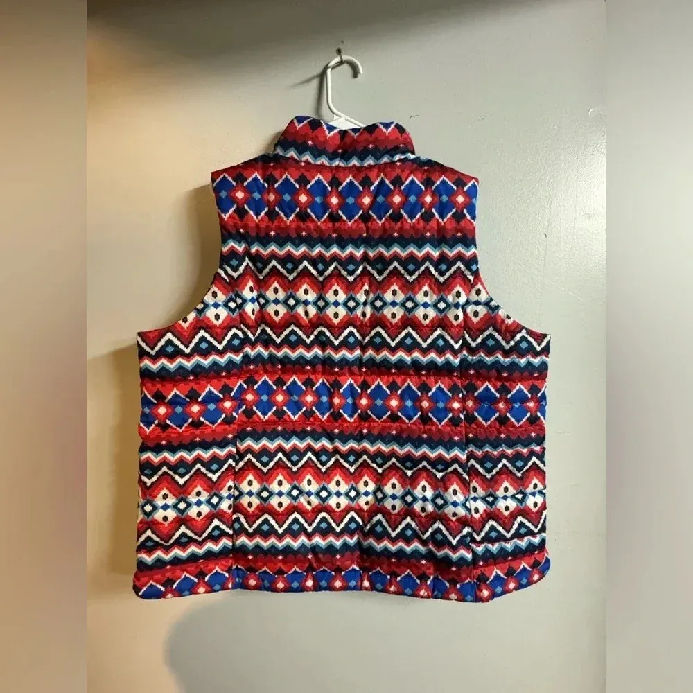 Land’s End women’s down puffer vest 1X 16 18 blue red white ivory chevron winter - Image 4