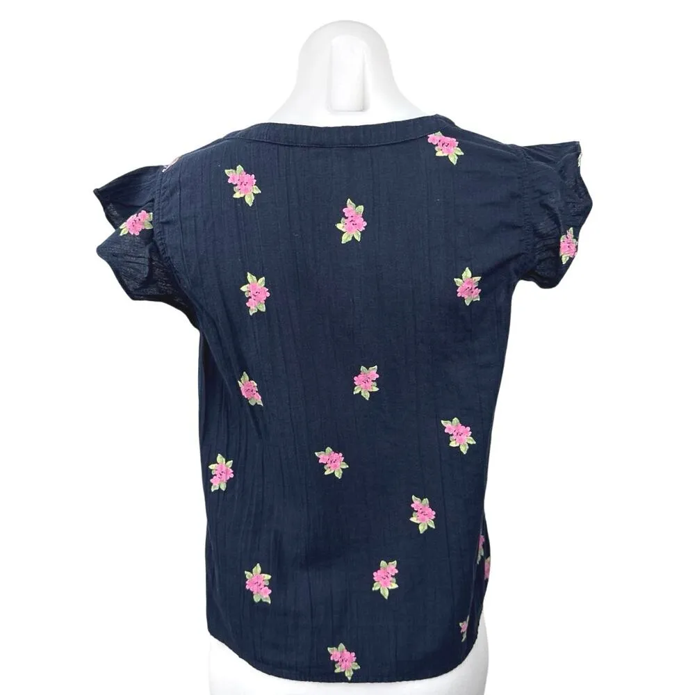 Vero Moda Navy Blue Pink Floral V Neck Ruffle Short Sleeve Blouse Top Size S - Image 2