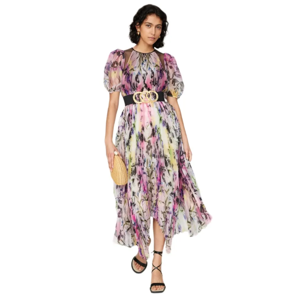 Bibhu Mohapatra Puff Shoulder Organza Midi Dress Gown Floral Graffiti Print SZ 0 Multiple - Image 2