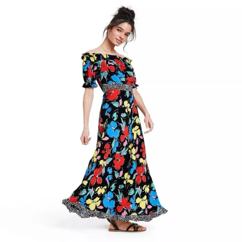 Rixo London Floral Off the Shoulder Puff Maxi Dress Black Size 8 - Image 2