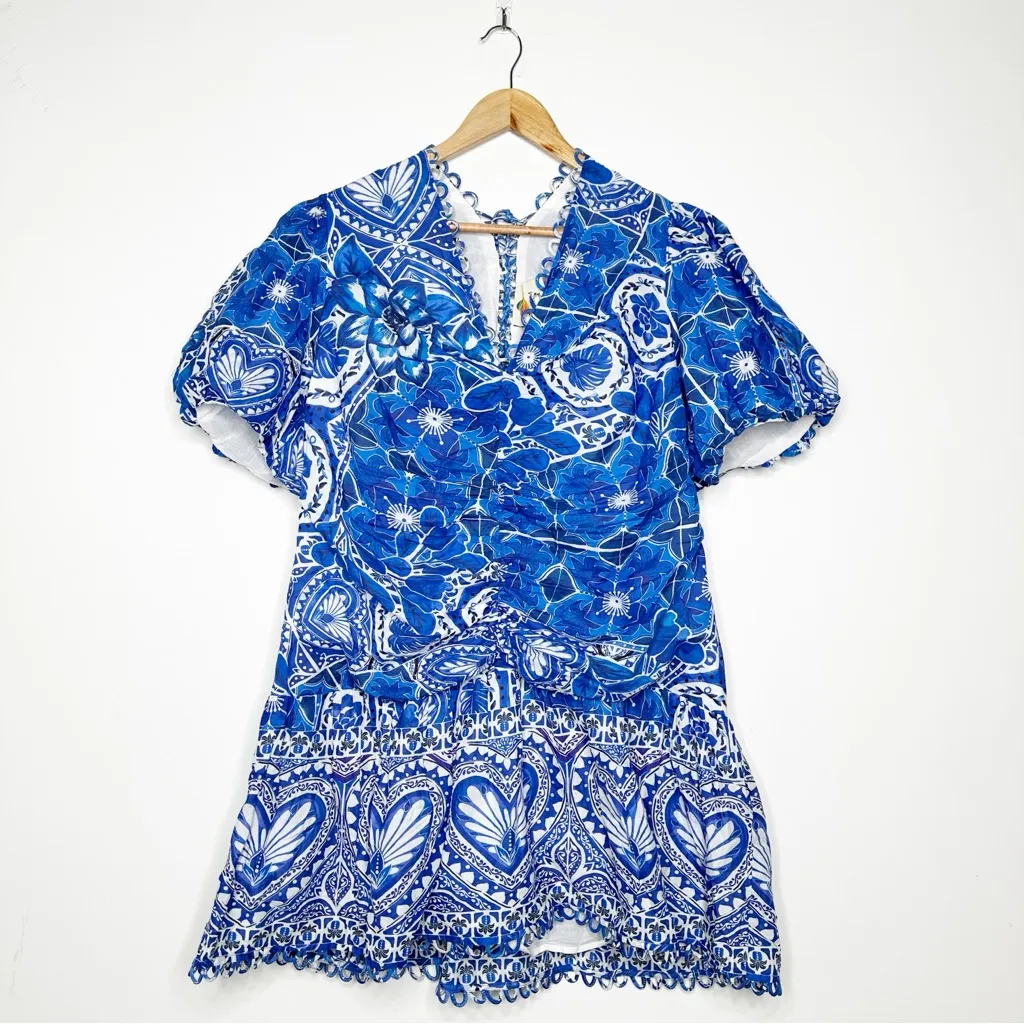 FARM Rio NEW!! Blue and White Tile Dream Puff Sleeve Mini Dress Size XL - Image 3