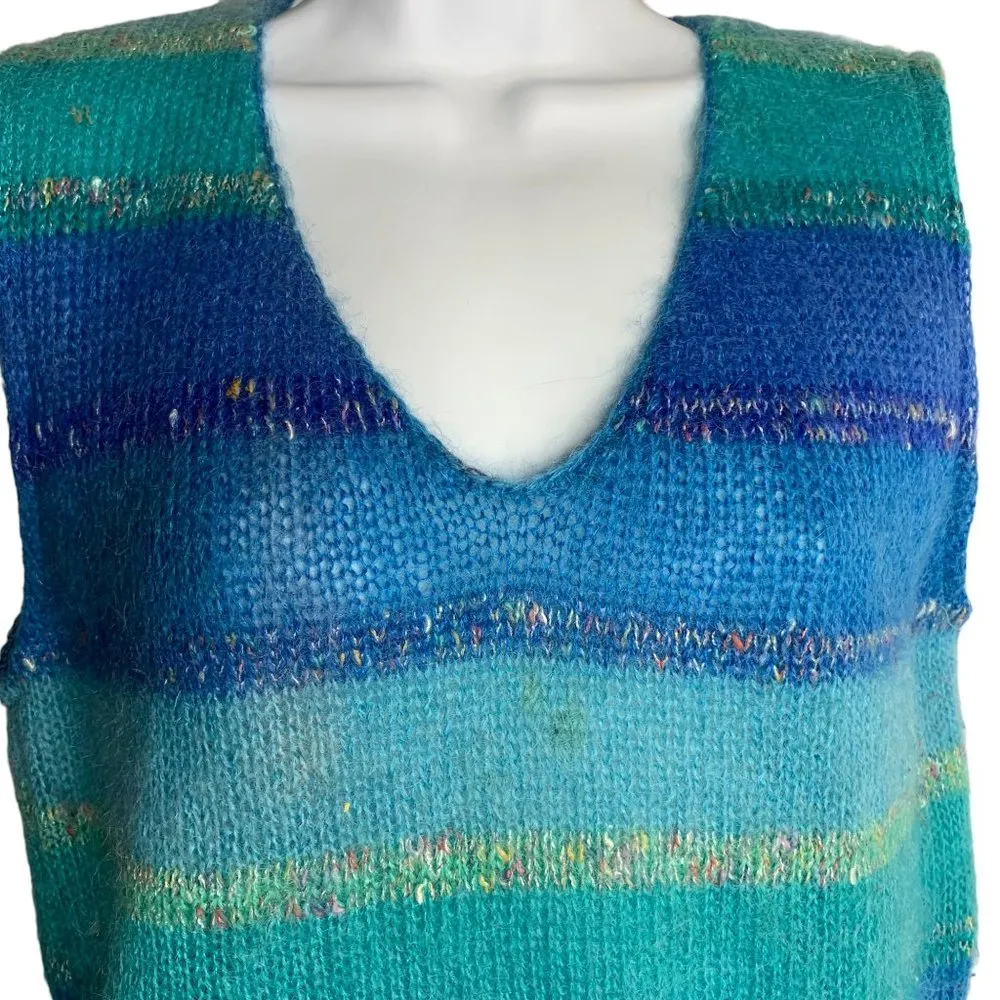 Vintage Jeanne Pierre Loose Knit Vest M Blue Striped V Neck Sleeveless Pullover - Image 2