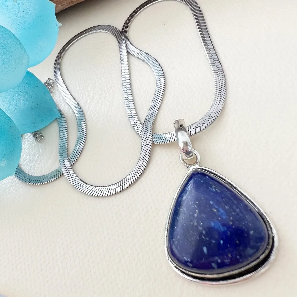 925 Sterling Silver Lapis Lazuli necklace Pendant gemstone womens jewelry Blue - Image 2