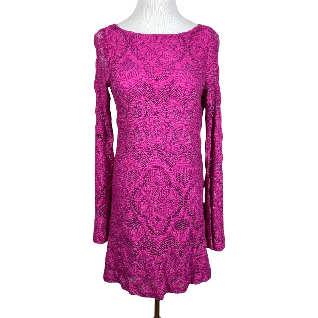 Nightcap 4 Dress Women Large‎ Pink Lace Open Back Bell Sleeve Boho Boatneck New - Image 3