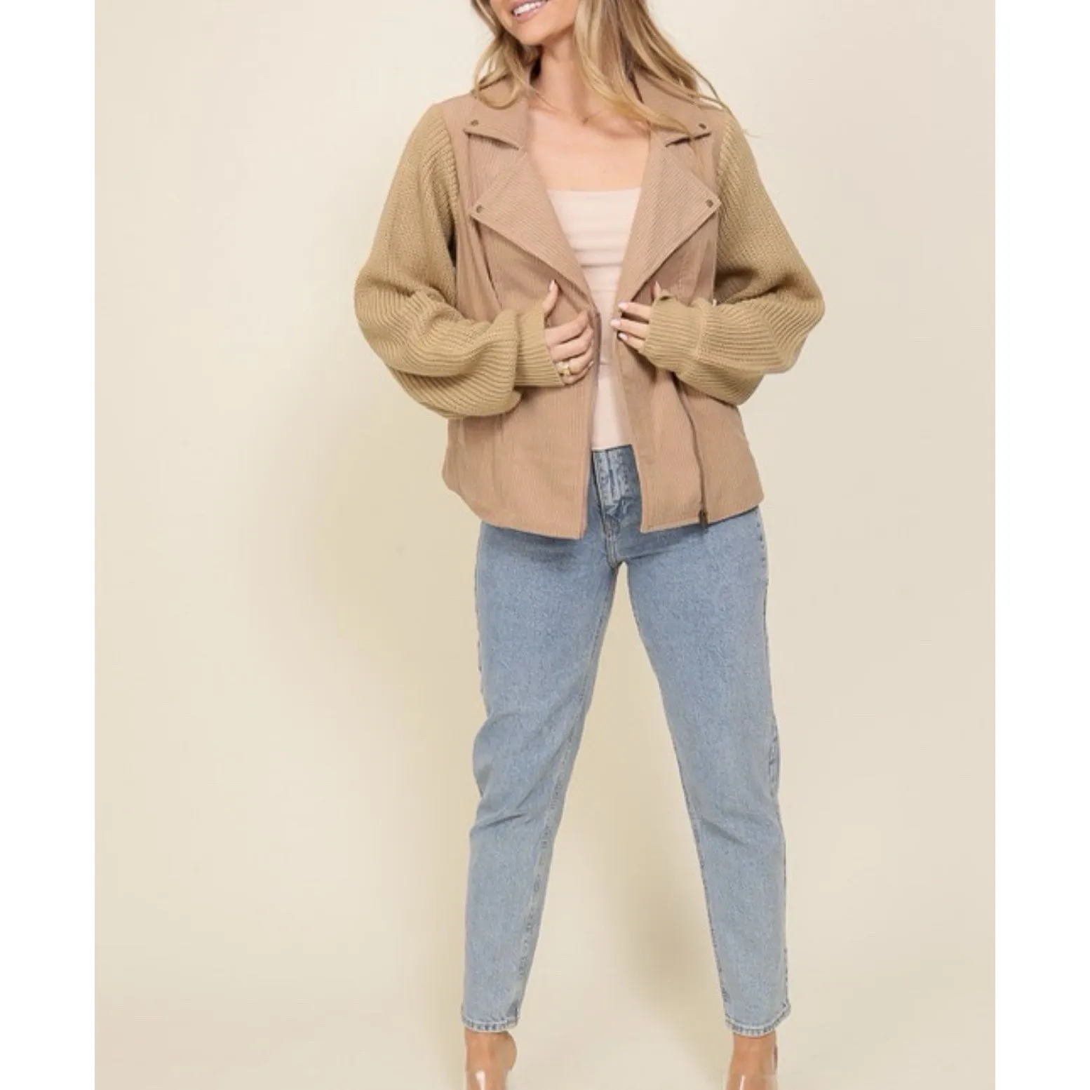 Corduroy‎ Cream sweater Moto Zipper Southern jacket Large New - Image 2