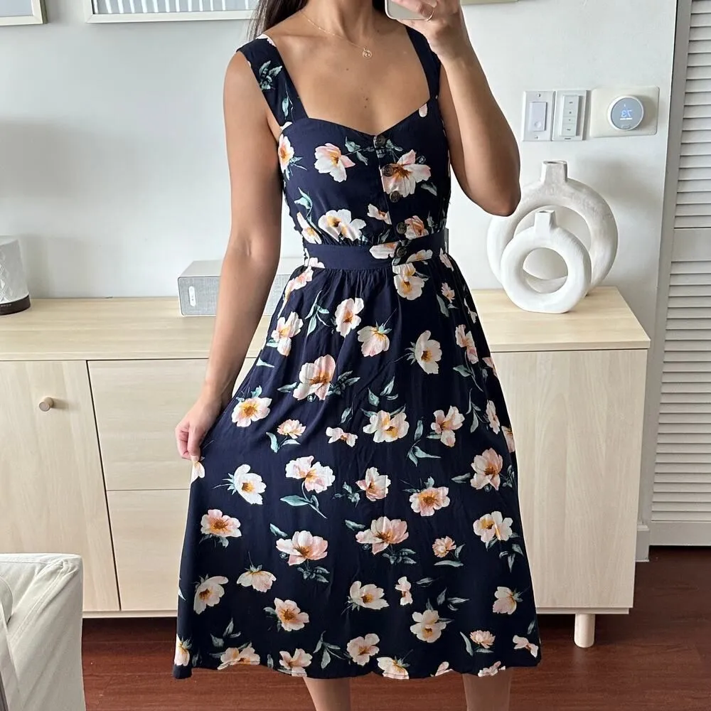 NEW Reformation Dress Floral Lanai Navy Blue Floral Cutout Back Midi Dress XS - Image 3
