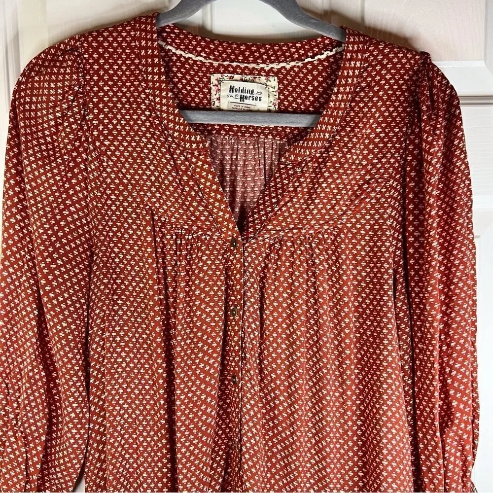 Anthropologie Holding Horses Pavin Button Down Tunic Boho‎ Small Womens Orange - Image 2