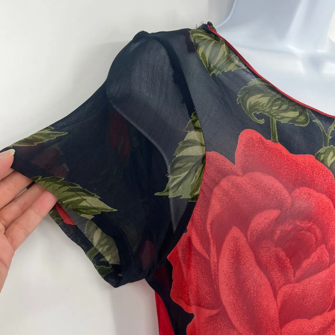 Y2K Whimsigoth Sheer Maxi Dress Sz M Floral Rose Coquette Romantic Goth Alt Navy Blue Size M - Image 3