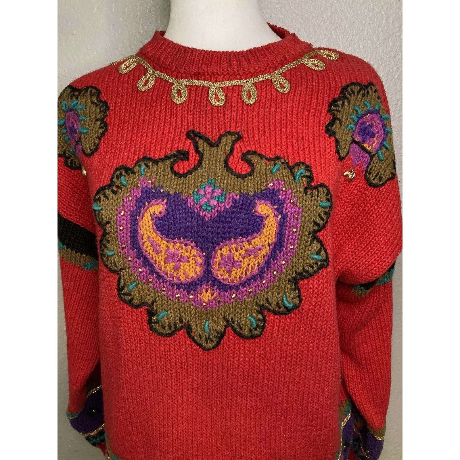 VTG 90s Rebecca Stone L Pop Artsy Sweater Boho Indie Ribbon Embellish Granny Size L - Image 5