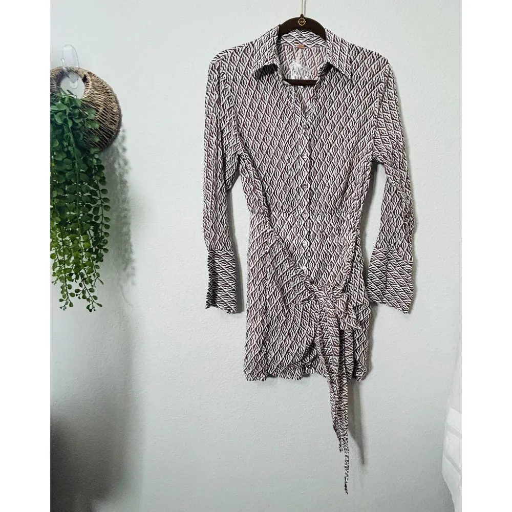 NEW Free People Rillo Beach Summer Shirtdress Tie Front Extra Small Brown Cream - Image 10