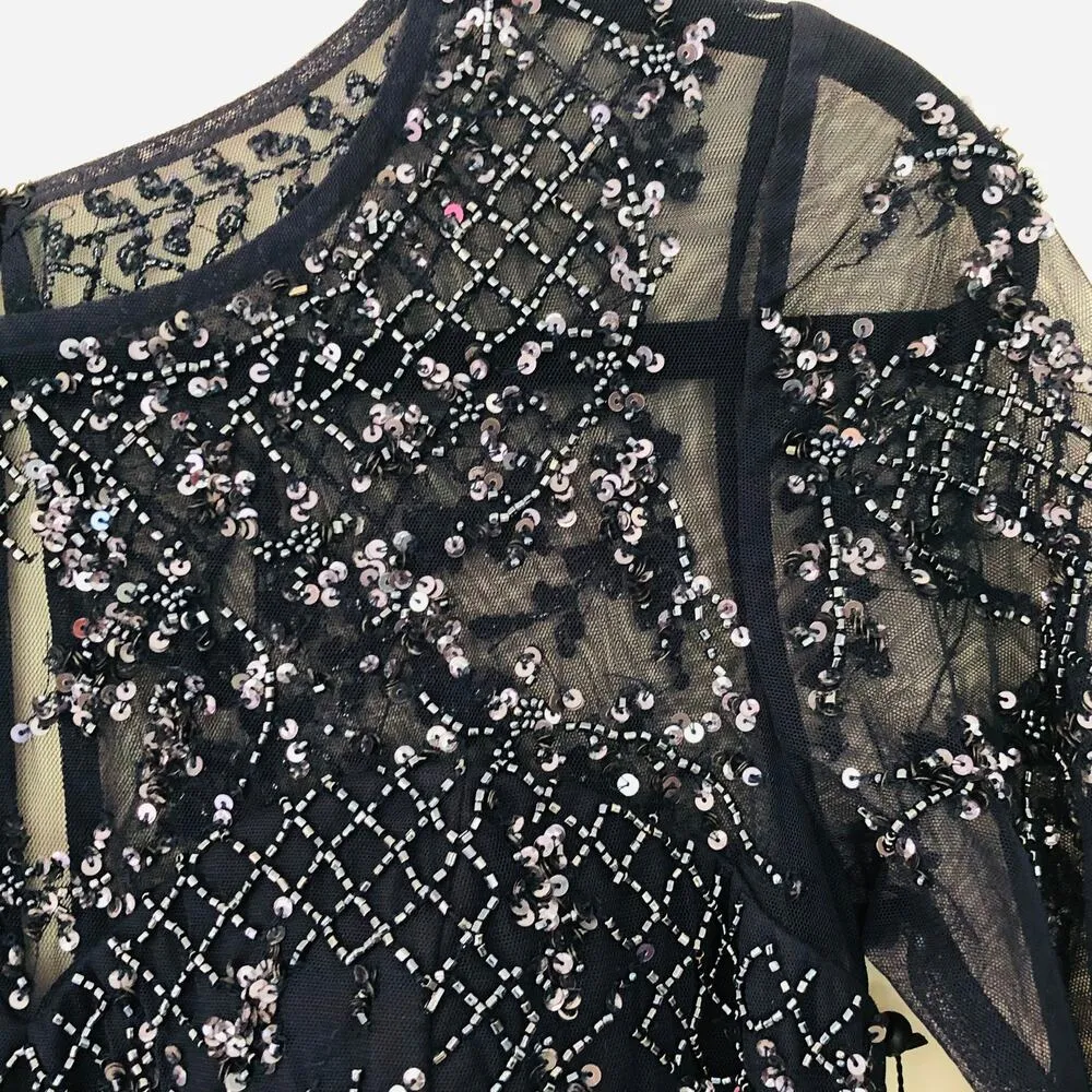 New Adrianna Papell Blue Beaded Illusion Short Sheath Dress Embellished Size 4 - Image 6