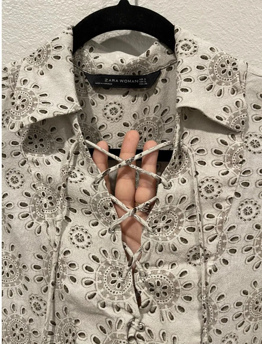ZARA  White Grey Bandana Print Lace Up Neckline Long Sleeve Blouse - Image 4