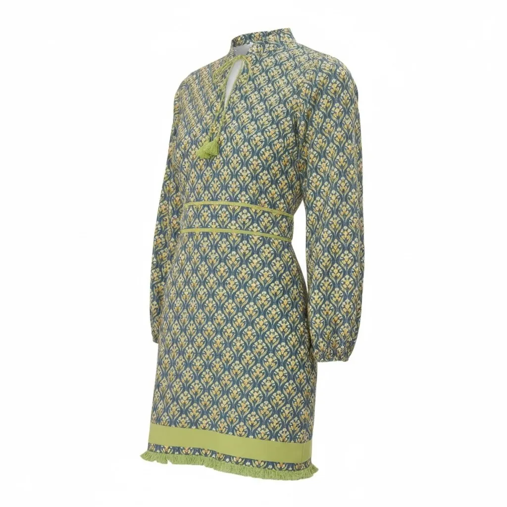 Adeline Rae Whimsical Boho Floral Print Long Sleeve Tassel Tie Neck Dress Large - Image 3