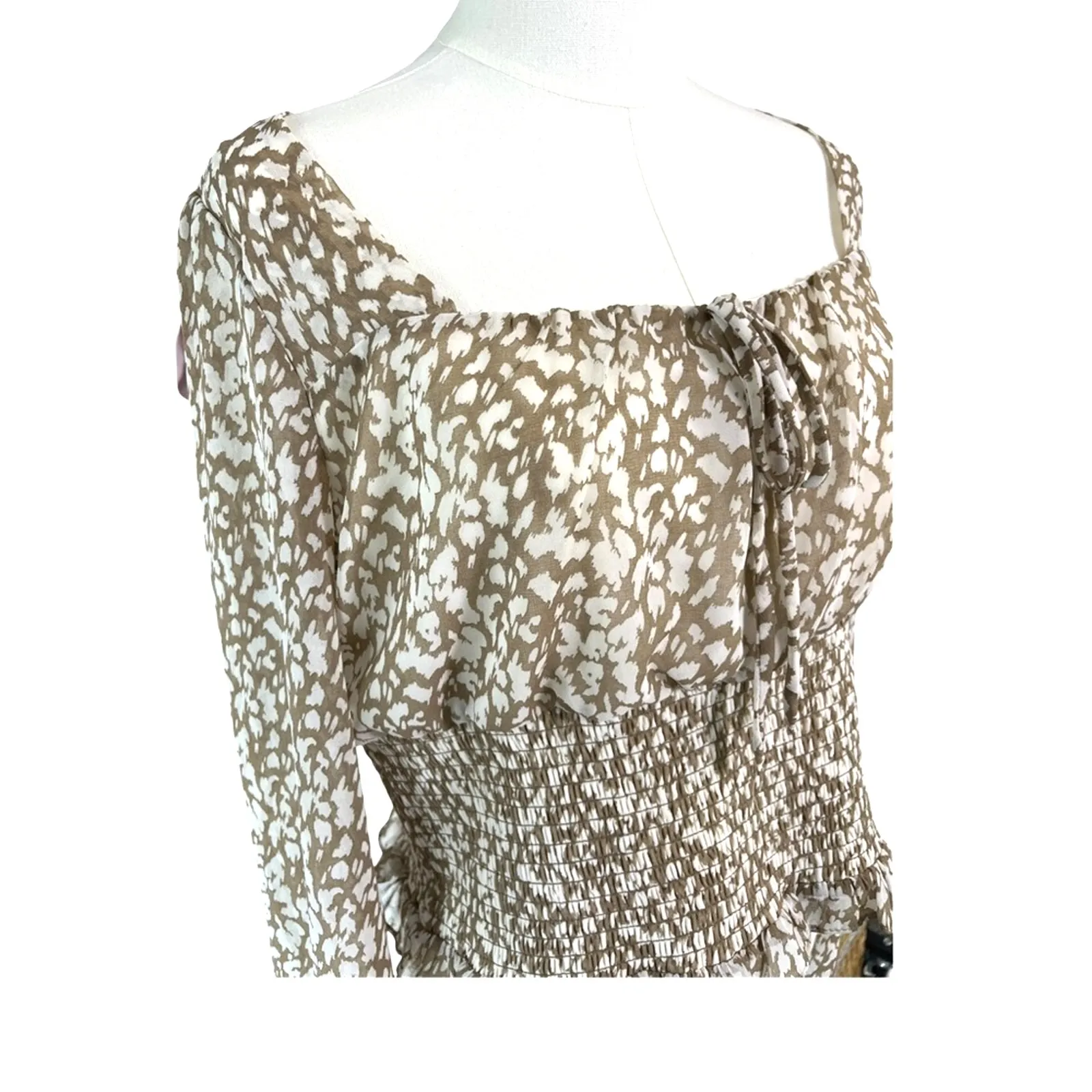 Nine Britton Cream Tan Pattern Feminine Smocked Sheer Blouse Size L Long Sleeve - Image 3