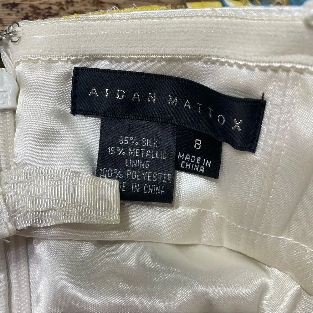 Y2K Aidan Mattox Strapless Silk Mini Babydoll Dress Yellow Blue‎ Gold Paisley 8 - Image 4