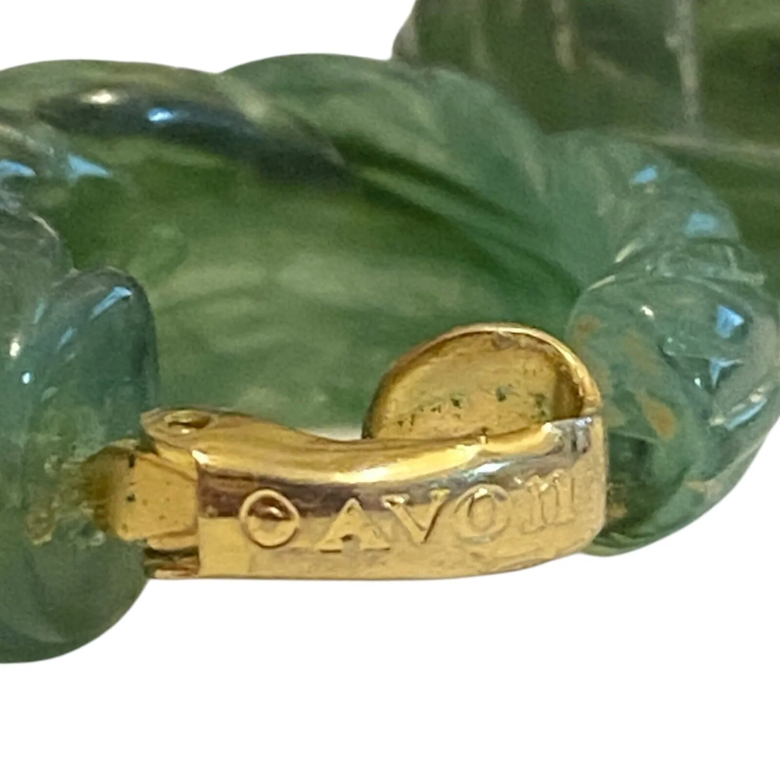 Vintage Avon Clip On Earrings Carved Green Leaves Goldtone Hoops Old Money Lucky - Image 5