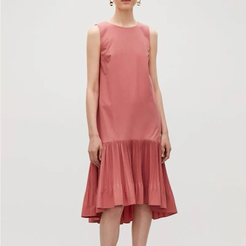 COS Modern Relaxed Sleeveless Cotton Pleated Midi Dress Salmon Pink Size 34 US 4 - Image 10
