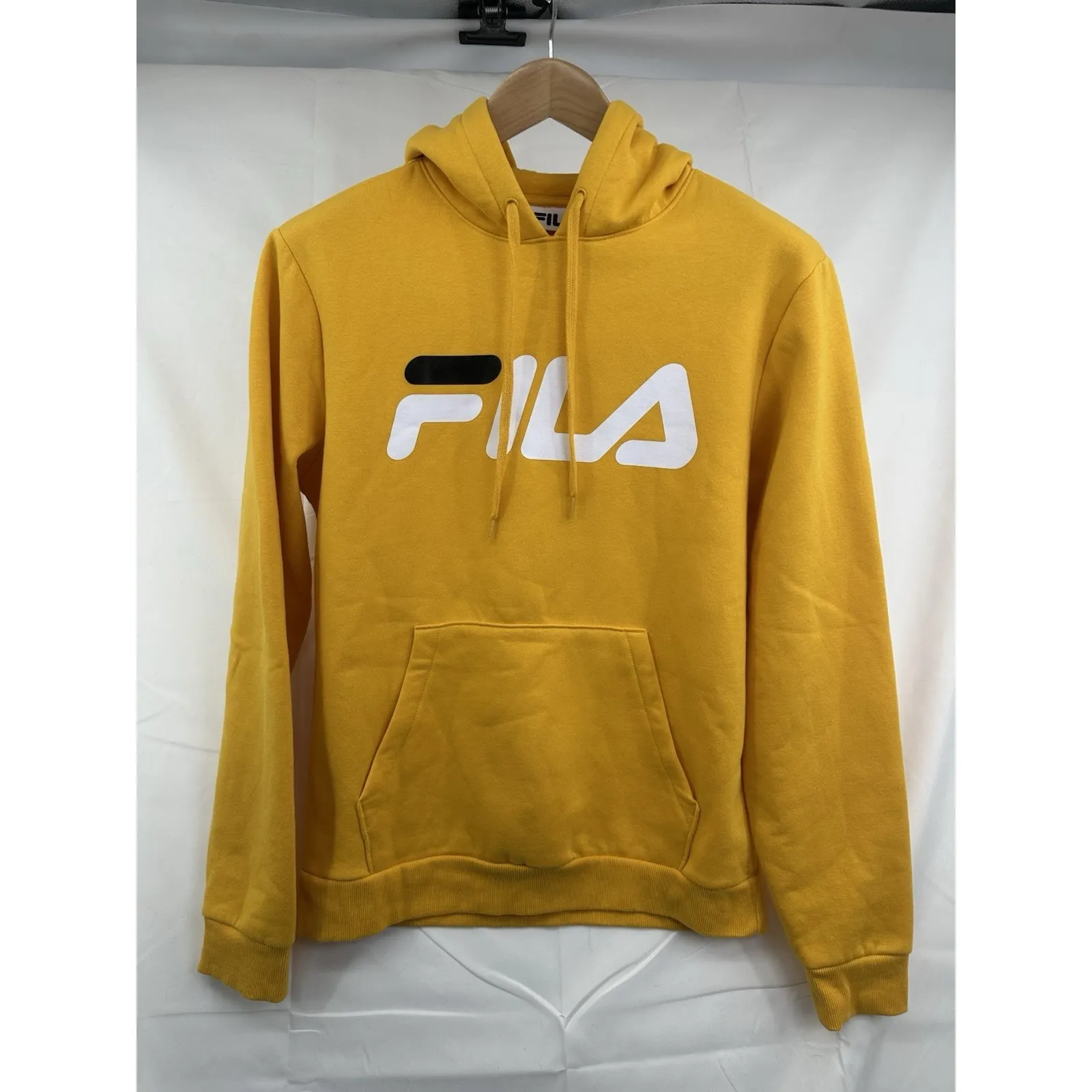 FILA Yellow Sweatshirt Hoodie Kangaroo Pocket Logo Pullover Athletic Medium - Image 8