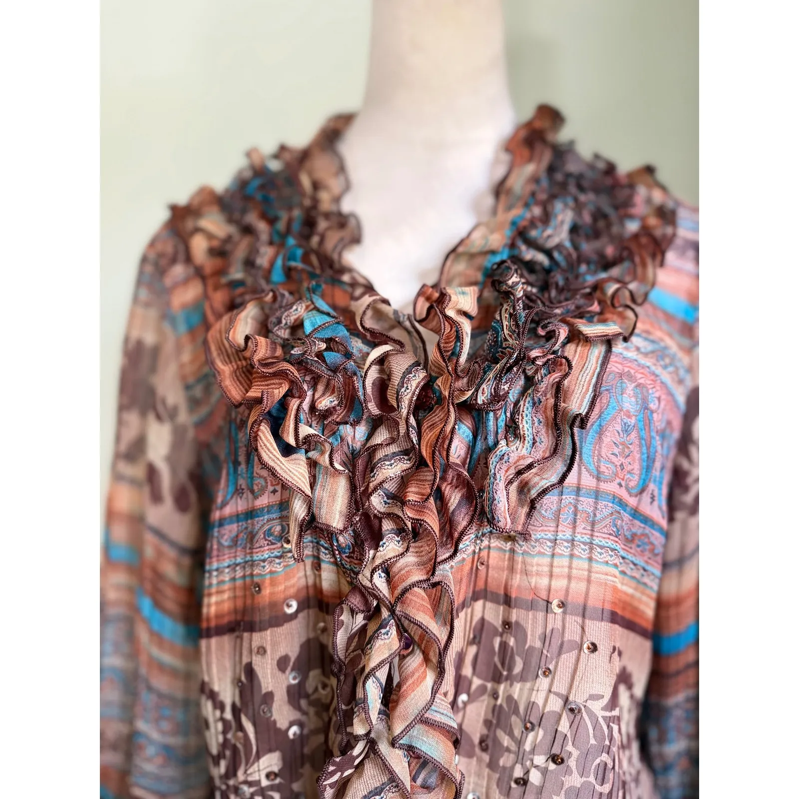 Boho whimsi fairy ‎ Sheer Ruffle Front Blouse M Brown Blue Paisley Print Sheer Size M - Image 2
