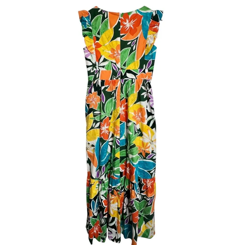 Maggy London Floral Midi Dress Ruffle Sleeve V-Neck Multicolor Empire Waist, 2 - Image 4