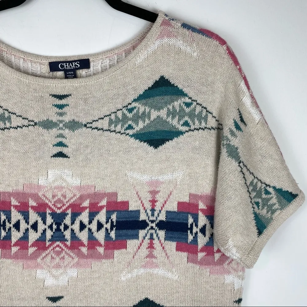 Chaps Sweater Top Aztec Southwestern Short Sleeve Linen Blend Western Women - Image 6