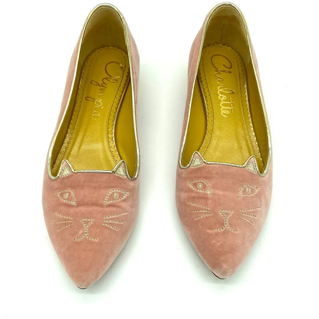 Charlotte Olympia Mid Century Kitty Cat Pink Velvet Pointed Flat EU 36 US 5.5-6 - Image 2