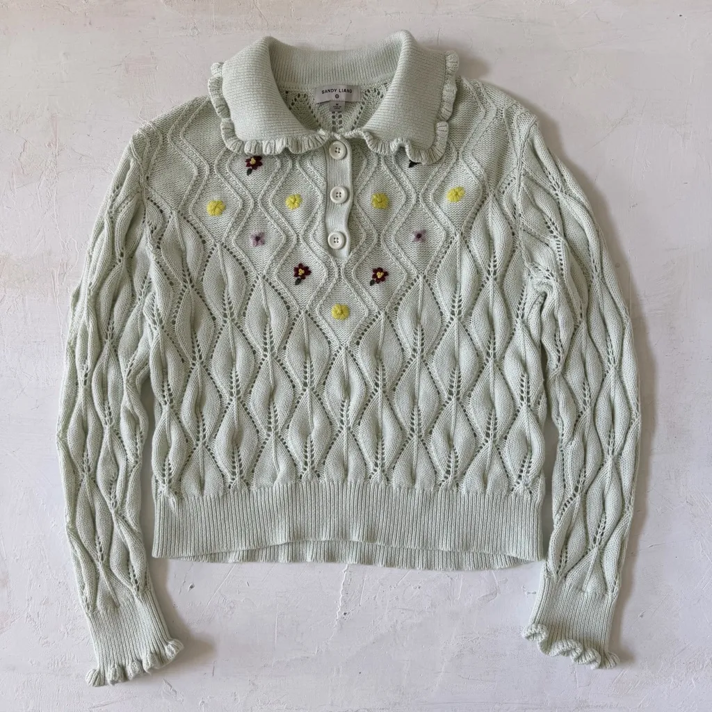 Sandy Liang Target Green Open Knit Peter Pan Collar Sweater Embroidered Size M - Image 3