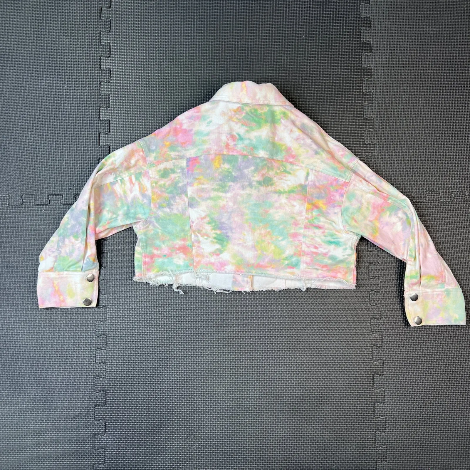 For Love &‎ Lemons Tie Dye Cropped Denim Jacket Frayed Hem Pastel Med Boho - Image 10