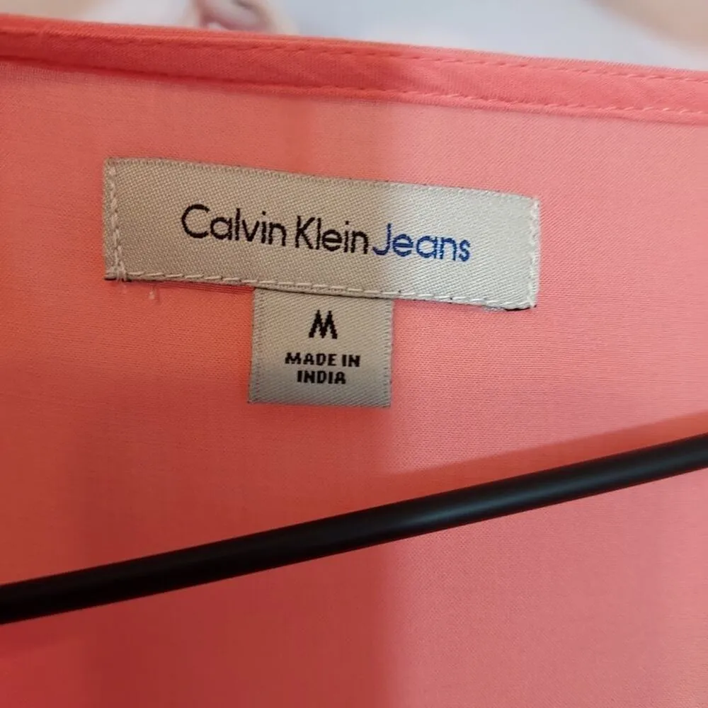 Calvin Klein Jeans Coral Pink Orange Cut Out Eyelet Long Sleeve Tunic Blouse Top - Image 3