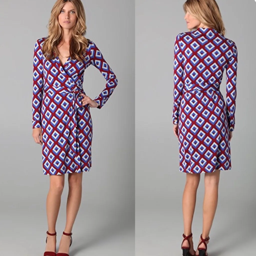 Diane Von Furstenberg NEW Jeanne Silk Red & Blue Geometric Wrap Dress Size 4 - Image 2