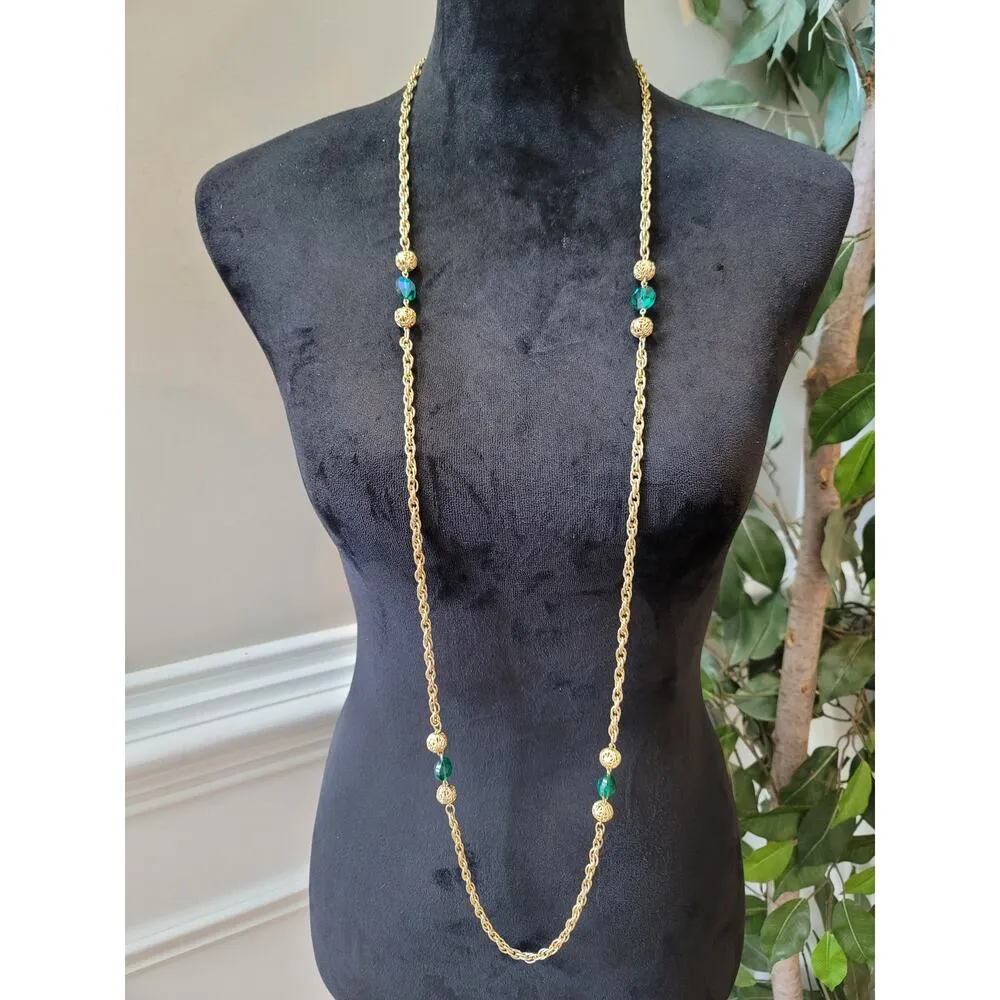 Women's Long Gold Chain Necklace With Green Beads And Spring Ring Lock - Image 2