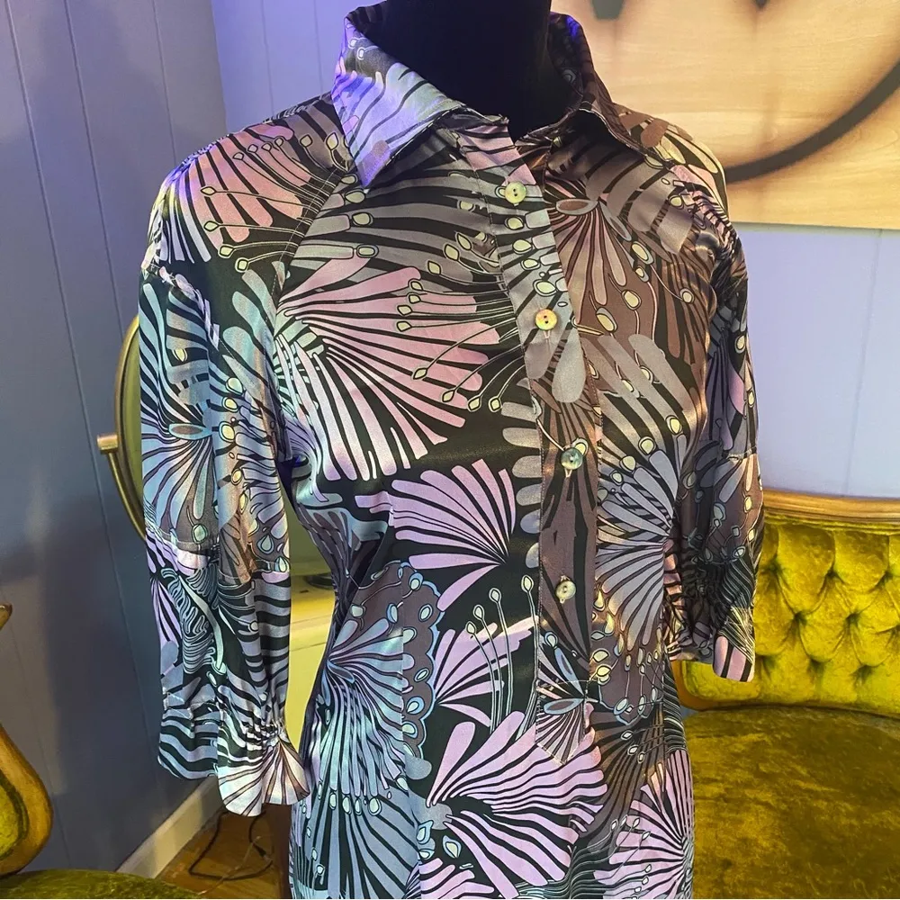 Vintage Y2K United Colors Of Benetton Futuristic Metallic Abstract Satin Dress Purple Size undefined - Image 3