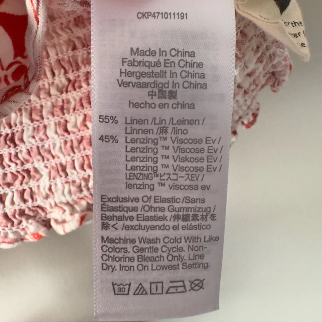 Madewell Linen Blend Floral Wrap Top Red White Short Puff Sleeves V-Neck Smocked - Image 11