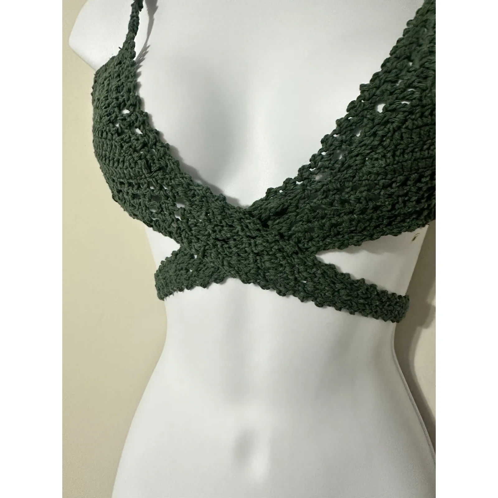 Handmade She Made Me Cotton Crochet Halter Wrap Top Green Boho Bikini Sz M/L Size M - Image 4