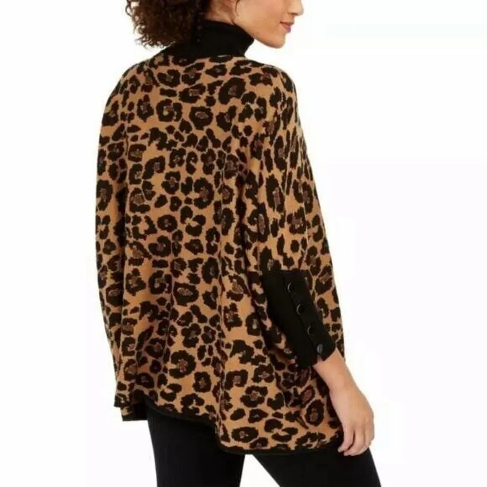 Womens Poncho Sweater Animal Print Turtleneck Pullover Knit XXS - Image 3